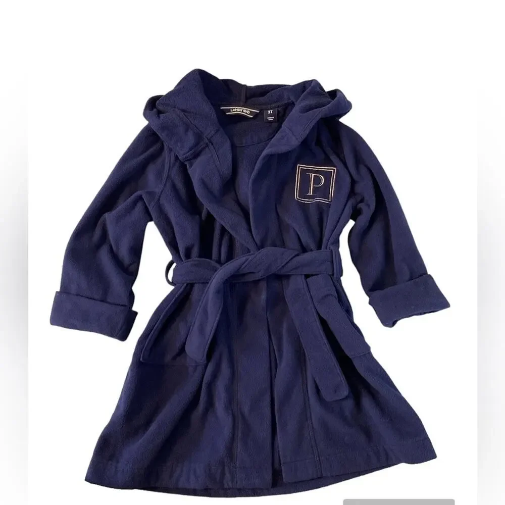 Lands’ End Navy Hooded Fleece Robe With Monogram P Size 3T